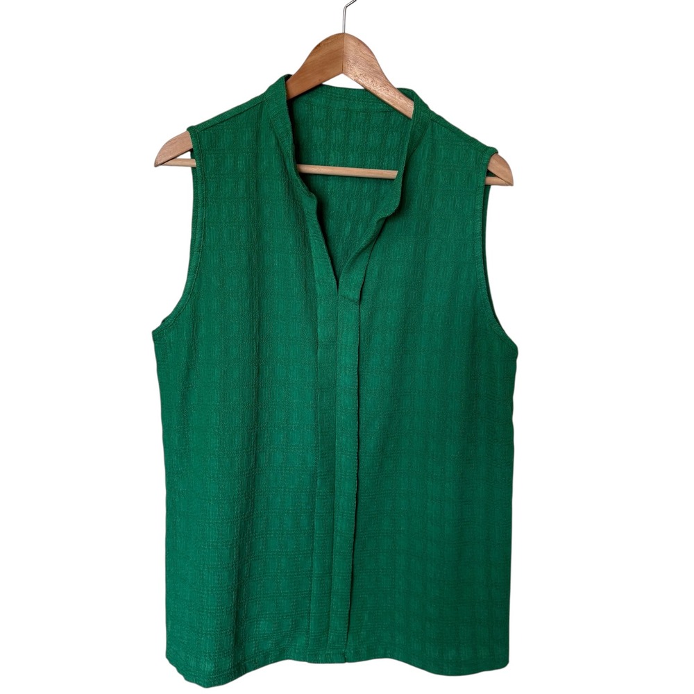 Emerald Green Textured Sleeveless Mandarin Collar V‎ Neck Blouse Top XL